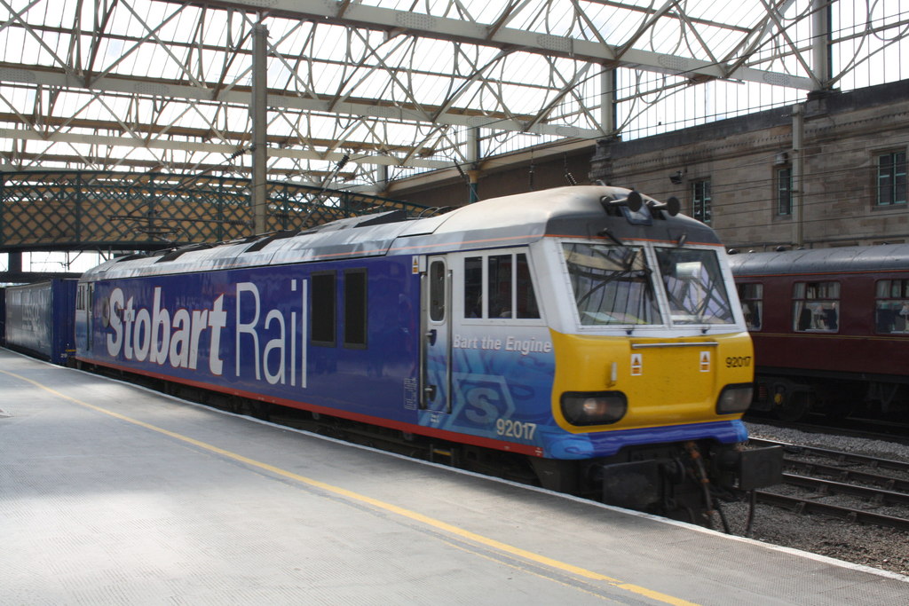 92017 Bart the Engine hauling a container train beneath the roof at Carlisle station