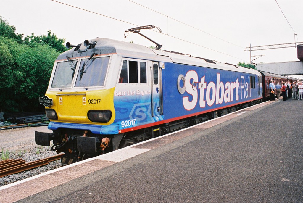 Class 92 locomotive 92017 Bart the Engine in blue Stobart Rail livery on a Pathfinder railtour, 5 June 2010